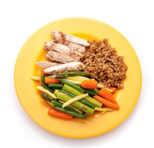 A plate of food. Half of the plate is non-starchy vegetables. Quarter of the plate is protein. Quarter of the plate is whole grains and starchy vegetables.