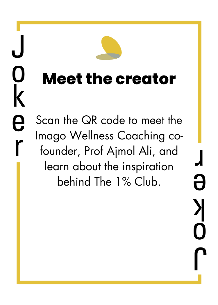 Joker Black - Meet the creator - Scan the QR code to meet the Imago Wellness Coaching co-founder, Prof Ajmol Ali, and learn about the inspiration behind the 1% Club